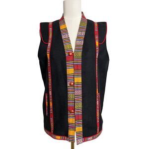 Wool Vest Womens Black Peruvian Stripe Trim Button Front Boho Tribal Embroidered